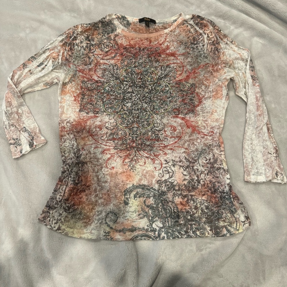 Reba Elegant Long Sleeve Top - Red, Gray, Cream